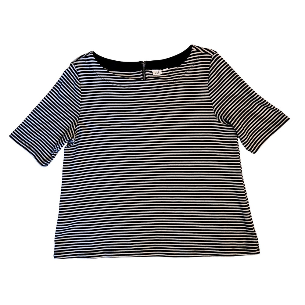 GAP Womens M Chic Black White Striped Boat Neck‎ Back Zip Short Sleeve Knit Top